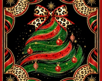 May include: A square graphic design featuring a stylized Christmas tree formed by swirling red and green brushstrokes on a black background. The tree is topped with a large leopard print bow and decorated with hanging red ornaments and gold stars.