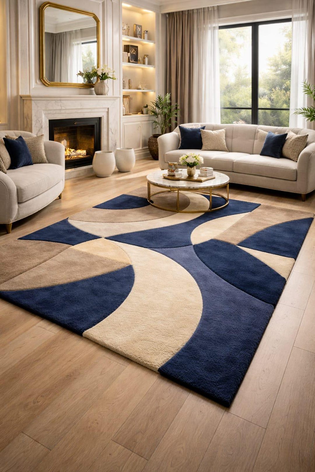 Hand Tufted Wool Area Rug, Modern Blue Beige Geometric Carpet - Etsy