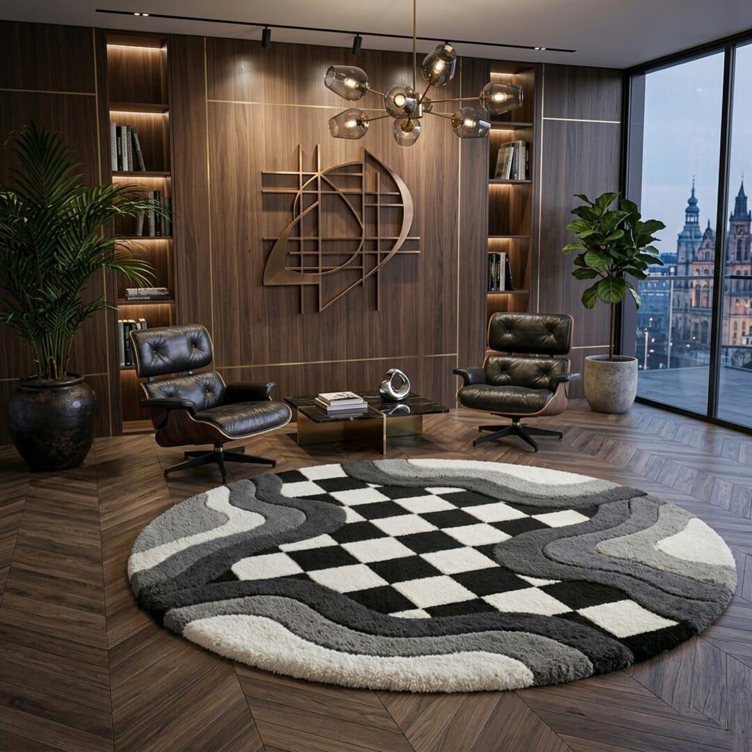 Abstract Wavy Checkered Round Rug, Black White Plush Carpet - Etsy