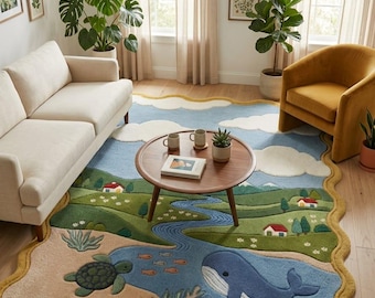 Whimsical Kids Nursery Rug with Whale Turtle & Clouds, Coastal Playroom Area Rug, Soft Ocean Landscape Carpet for Baby Room