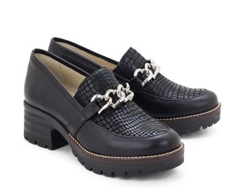Dromedaris Kella Black Leather Platform Loafers