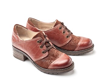 Dromedaris Kalista Cognac Leather & Printed Sued Lace-Up Shoes