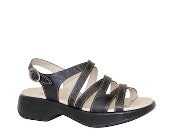 Dromedaris Golden Eagle Black Leather Strappy Sandals