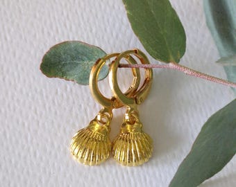 Gold Shell Earrings | Stainless Steel Huggie Hoops | Boho Charm Earrings | Minimalist Everyday Hoops