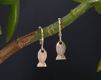 Silver Plated Fish Earrings | Stainless Steel Huggie Hoops | Boho Charm Earrings | Minimalist Everyday Hoops