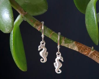 Verzilverde oorbellen zeepaardje | Roestvrijstalen Huggie Hoops | Boho oceaan bedeloorbellen | Minimalistische zilveren sieraden | Cadeau voor haar