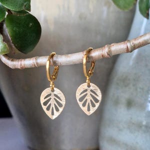 May include: A pair of gold-coloured leaf-shaped earrings. Each earring has a small, detailed leaf pendant suspended from a hoop closure. The earrings are displayed on a branch, with a blurred background.