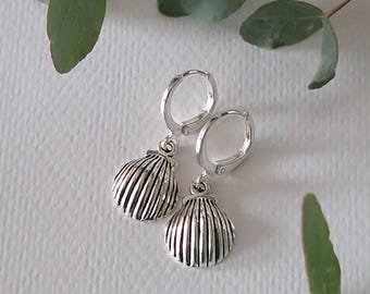Silver Shell Earrings | Stainless Steel Huggie Hoops | Boho Charm Earrings | Minimalist Everyday Hoops