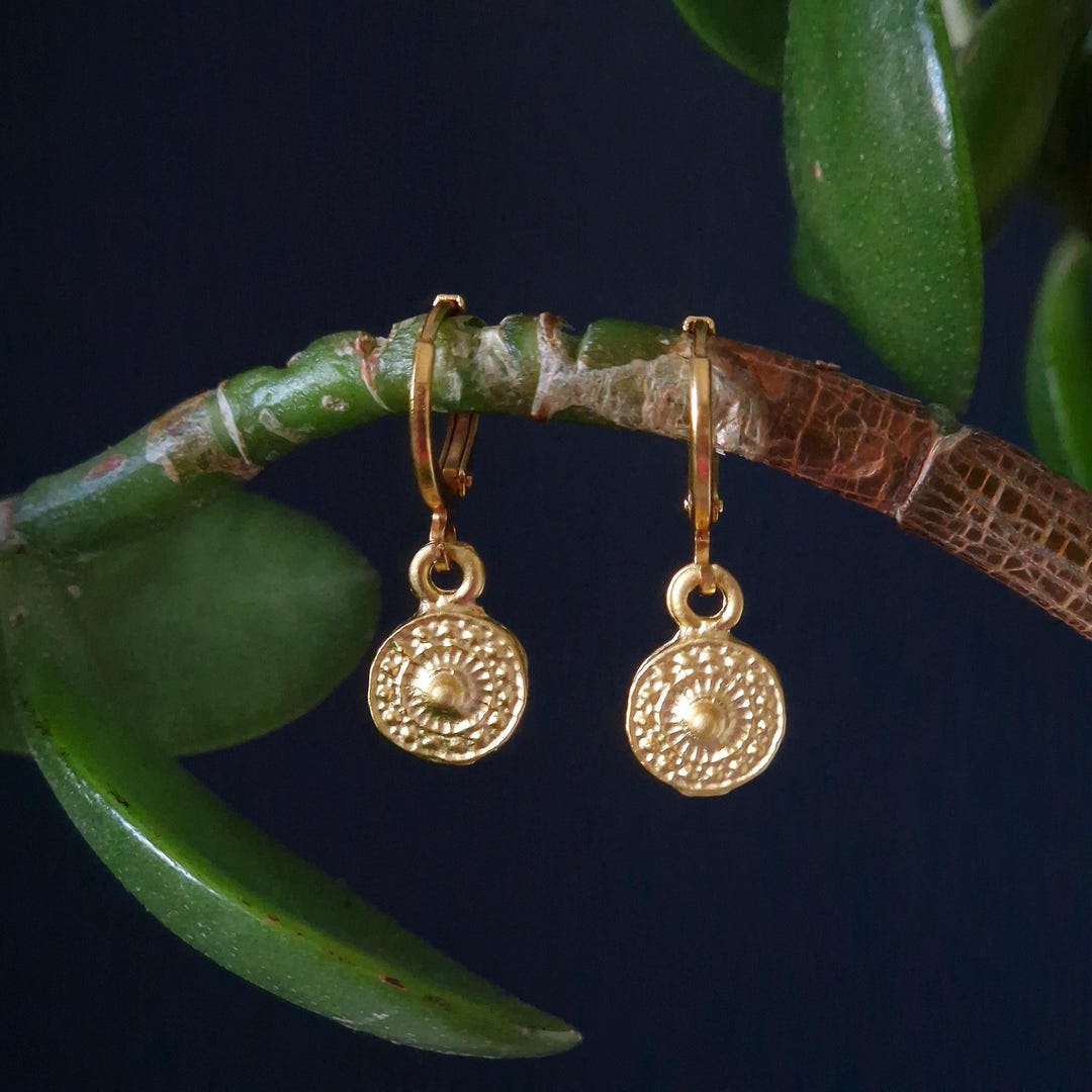 Gold Shield Disc Earrings | Gold Plated 12mm Huggie Hoops | 24K Gold ...