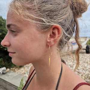 May include: Gold-coloured, minimalist earrings. Each earring has a long, slender, pointed pendant suspended from a curved ear wire. The earrings are a simple, elegant design, suitable for everyday wear.