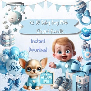 Baby Clipart Bundle | 42 3D Blaue PNG Grafiken | Sofortdownload | Neugeborenen Shower Decor, Erster Geburtstag, Sublimation, Kartenherstellung
