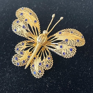 Vintage Topazio Portugal Butterfly Brooch: 925 Sterling Vermeil, Blue Enamel