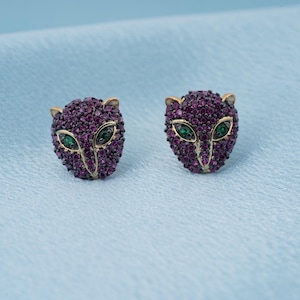 925 Sterling Silver 2Ct Round Cut Emerald & Ruby 14k Yellow Gold Plated Panther Stud Earrings For Women&#39;s, gift for her