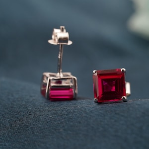 Ruby Princess Cut Stud Earrings | 2CT Pink Gemstone Earrings | 14K Yellow Gold Push Backs | Women&#39;s Gift Jewelry.