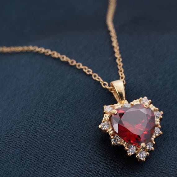 Heart Cut Garnet Pendant Necklace Red Diamond Halo 14K Yellow