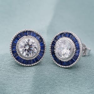 Blue Sapphire & Diamond Halo Stud Earrings | 14K Gold Plated | Handmade Wedding Gift for Her | Sterling Silver Timeless Jewelry.