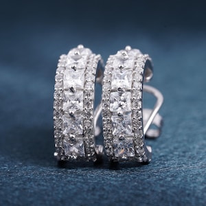 1 Ct Diamond Hoop Earrings – Women’s Huggie Earrings, Princess Cut Center, 14K White or Yellow Gold Over, Snap Lock