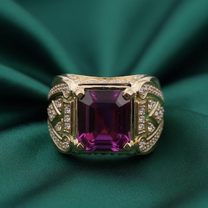 Men's Lab-Created Ruby Ring – 14K/18K Solid Yellow Gold Plated, Handmade Statement Ring