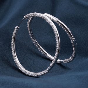 Moissanite Pave Hoop Earrings – Inside Out Diamonique Look, 14K White Gold Over 925 Sterling Silver, Wedding Jewelry Gift for Her.