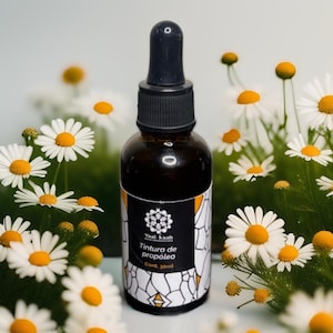 May include: A brown glass bottle with a black dropper, labeled "Tinctura de propóleo" and "Cont. 30ml." The bottle is surrounded by white daisies with yellow centers. The label has a white and orange design with the brand name "Vaal kaab."