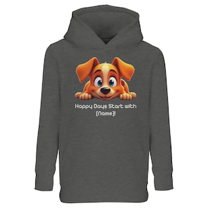 Sudadera con capucha para niños "Happy the Dog" / Sudadera de aventura con nombre personalizado / Regalo de plumas, pelaje y amigos para niños