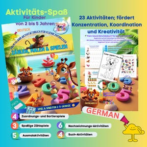 Palm Island Spaß-Aktivitätsblätter für Kinder von 2–5 Jahren mit Zählen, Ausmalen, Zuordnen, Nachzeichnen und Suchen