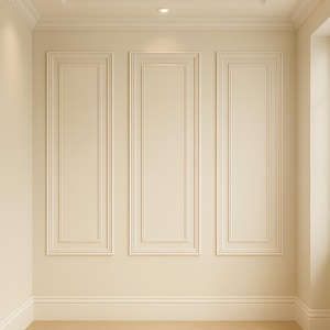 May include: An interior view of a room with cream-colored walls and a light-colored herringbone pattern floor. The walls feature three rectangular panels with decorative molding. Recessed lighting is in the ceiling.