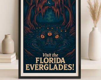 Florida Everglades Cryptid Poster – Three-Eyed Gator Monster Art Print | Vintage National Park Travel Poster