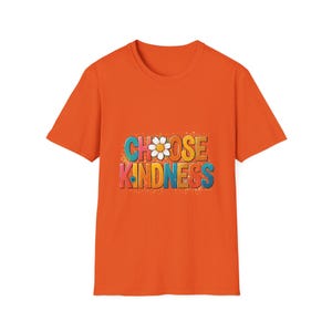 May include: Orange t-shirt with the words "CHOOSE KINDNESS" in colorful, retro-style lettering. The design includes a daisy flower and a speckled background, creating a cheerful and positive vibe.