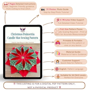 May include: A digital PDF pattern for a Christmas Poinsettia candle mat. The image shows a tablet displaying the pattern, with a red and green poinsettia design. The pattern includes detailed instructions, photo and video tutorials, and is suitable for all skill levels.