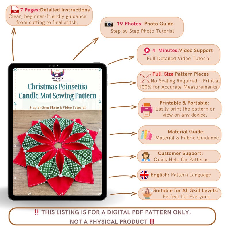 May include: A digital PDF pattern for a Christmas Poinsettia candle mat. The image shows a tablet displaying the pattern, with a red and green poinsettia design. The pattern includes detailed instructions, photo and video tutorials, and is suitable for all skill levels.
