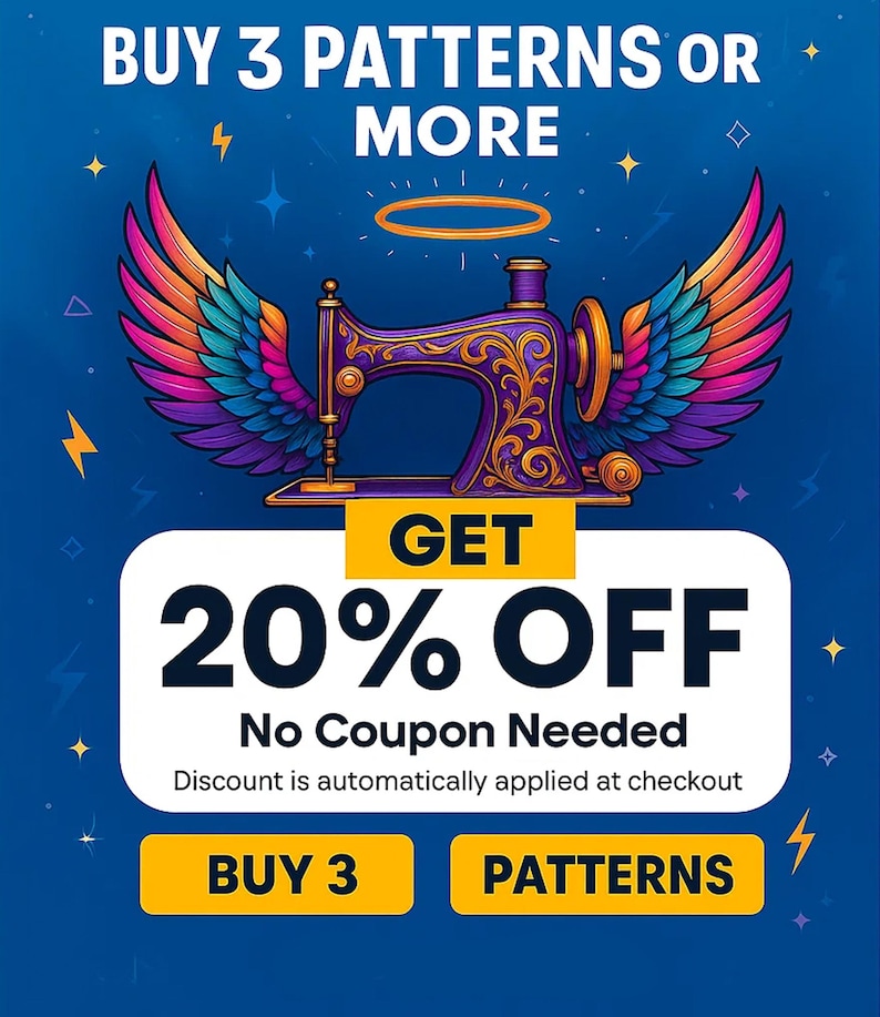 May include: A promotional graphic with a blue background. It features a purple sewing machine with colorful wings and a halo. Text reads "BUY 3 PATTERNS OR MORE" and "GET 20% OFF." Buttons say "BUY 3" and "PATTERNS."