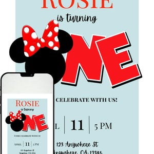 Minnie Mouse First Birthday Invitation | Editable Minnie 1st Birthday Invite | Red & Black Minnie Party Template | Instant Download