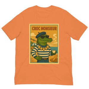 T-shirt Croc Monsieur Funny French Riviera - Crocodile vintage en béret avec café et ail | T-shirt rétro unisexe cool et décalé