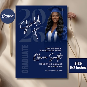 Editable Navy Blue Graduation Invitation with Photo, Class of 2026 Senior Announcement, College Grad Party Invite Template, Printable Canva