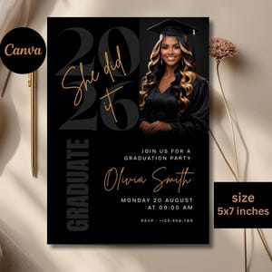 Graduation Invitation With Photo Class of 2026 Graduation Party Invitation Modern Black Gold Graduation Announcement Editable canva template
