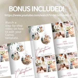 May include: A set of Christmas and New Year's greeting cards with family photos, featuring the text "Merry Christmas" and "Happy New Year." The cards are white with red and green accents. Includes a bonus video link.