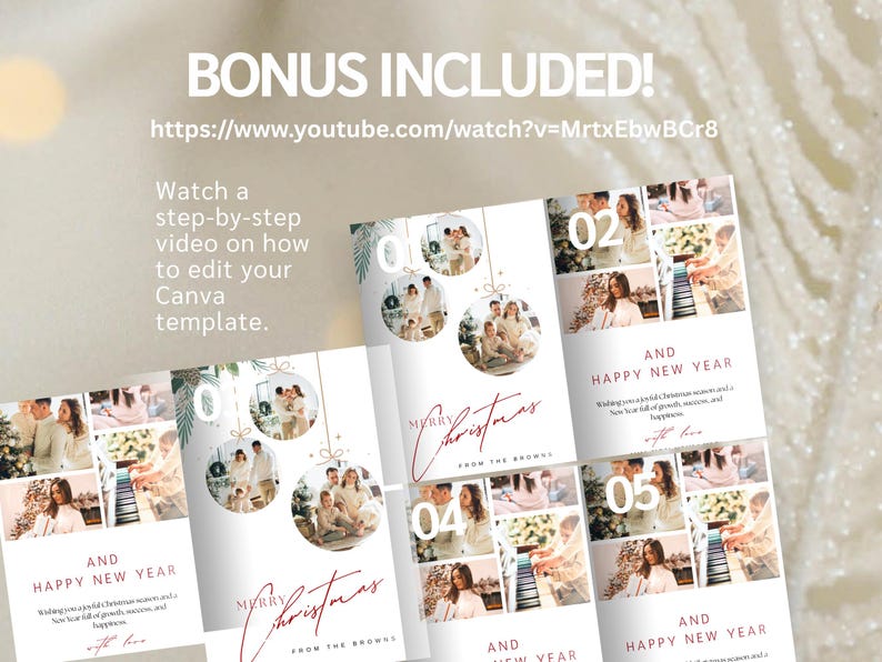 May include: A set of Christmas and New Year's greeting cards with family photos, featuring the text "Merry Christmas" and "Happy New Year." The cards are white with red and green accents. Includes a bonus video link.