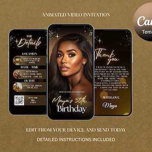 Luxury Black and Gold Birthday Party Invitation Video Template, Editable Canva Invite, Women’s 30th 40th 50th Birthday Dinner Digital Evite