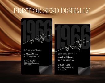60th Birthday Invitation, Modern Black Birthday Party Invite, Digital Evite for Him or Her, Editable Canva Template, Born in 1966