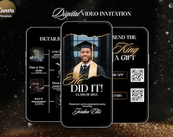 Luxe zwarte en gouden afstudeeruitnodiging, digitale afstudeerceremonie, bewerkbare canvassjabloon, afstudeeraankondiging, mobiele uitnodiging