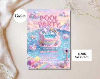Girls Pastel Pool Birthday Invitation, Holographic Summer Swim Party Invite, Cute Kids Pool Party Editable Canva Invitation
