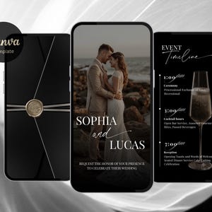 May include: Three smartphone screens displaying a wedding invitation template. The left shows a black envelope with a wax seal. The center features a couple embracing with the text Sophia and Lucas. The right displays an event timeline with a champagne flute.