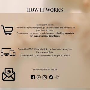 May include: A beige graphic with the text "HOW IT WORKS" at the top. The image shows a shopping cart, a computer, phone, and tablet, and an envelope with an at symbol. Instructions are provided for downloading and customizing a template.