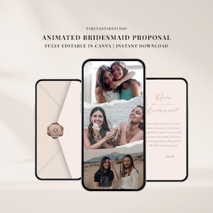 Puede incluir: Plantilla digital de propuesta de dama de honor en tres teléfonos inteligentes. El teléfono central muestra fotos de mujeres sonriendo. El texto en los teléfonos dice "Animated Bridesmaid Proposal" y "¿Quieres ser mi dama de honor?" con el nombre Olivia y la fecha del 29 de mayo de 2022.