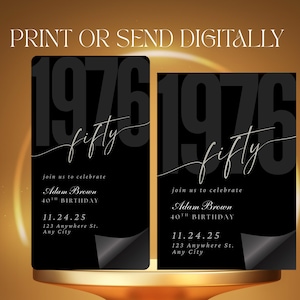 50th Birthday Invitation 1975, Black and Silver Birthday Evite, Modern Digital Party Invite, Editable Canva Template for Him or Her