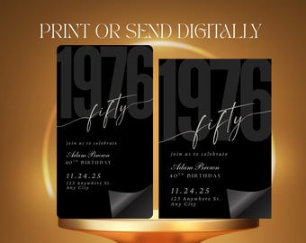 50. Geburtstagseinladung 1975, schwarz-silbernes Geburtstags-Evite, moderne digitale Party einladen, bearbeitbare Canva-Vorlage für Sie und Ihn