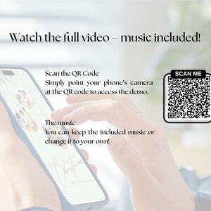 May include: A smartphone with a blue case displays a holiday-themed image. Text on the screen reads "My Christmas" in cursive. A QR code with "SCAN ME" is visible. The text encourages users to scan the code for a demo with music.