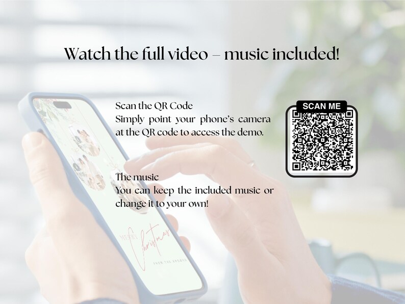 May include: A smartphone with a blue case displays a holiday-themed image. Text on the screen reads "My Christmas" in cursive. A QR code with "SCAN ME" is visible. The text encourages users to scan the code for a demo with music.