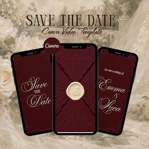 May include: Three smartphones displaying a digital Save the Date Canva video template. The screens feature a deep burgundy background with ornate embossed patterns, elegant gold script text, and a central cream-colored wax seal with a swan icon.
